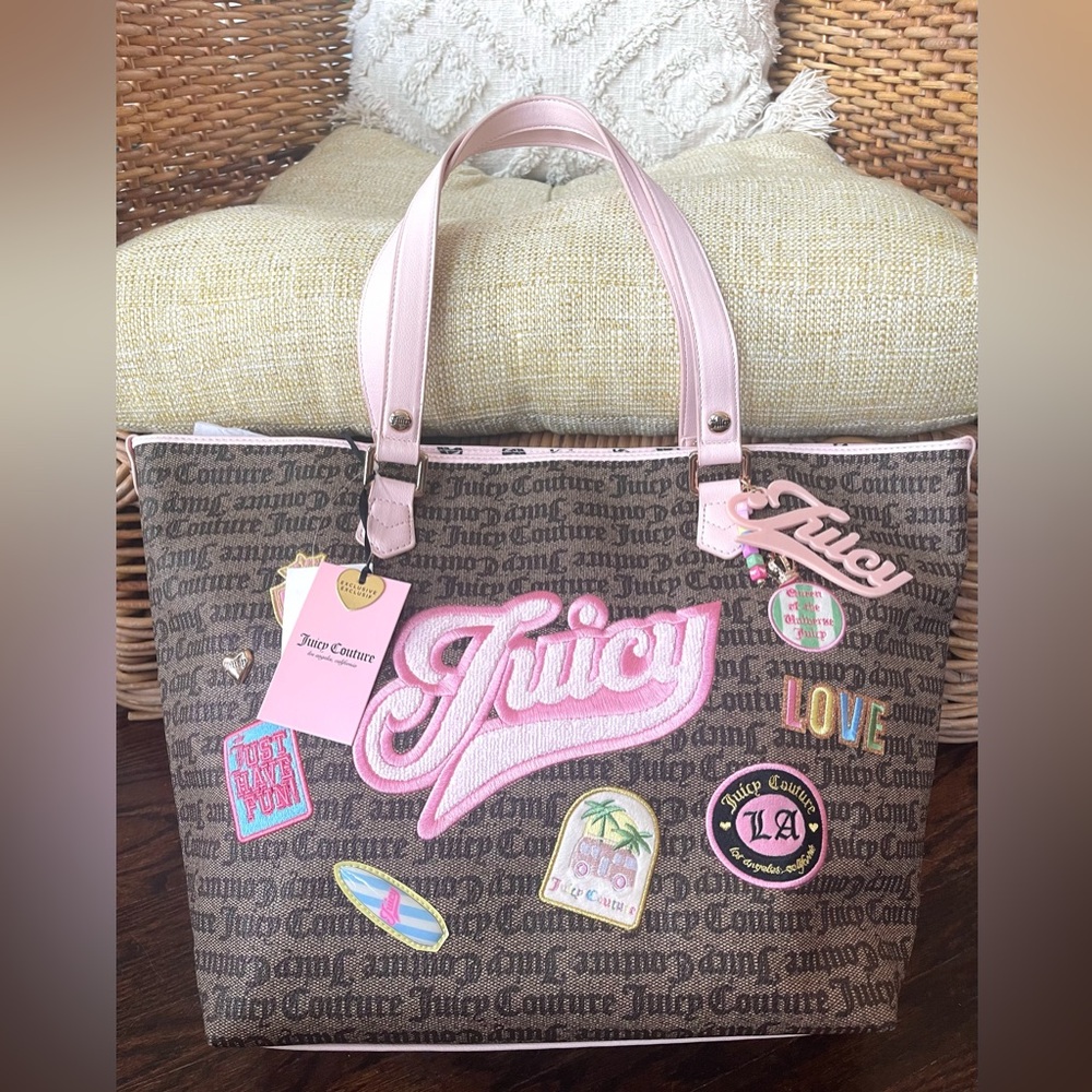 NWT Juicy Couture Brown Tote with Pink Accents and bag charms